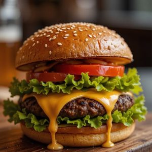 Delicious juicy cheeseburger with fresh lettuce, tomato, and melted cheese – for food photography